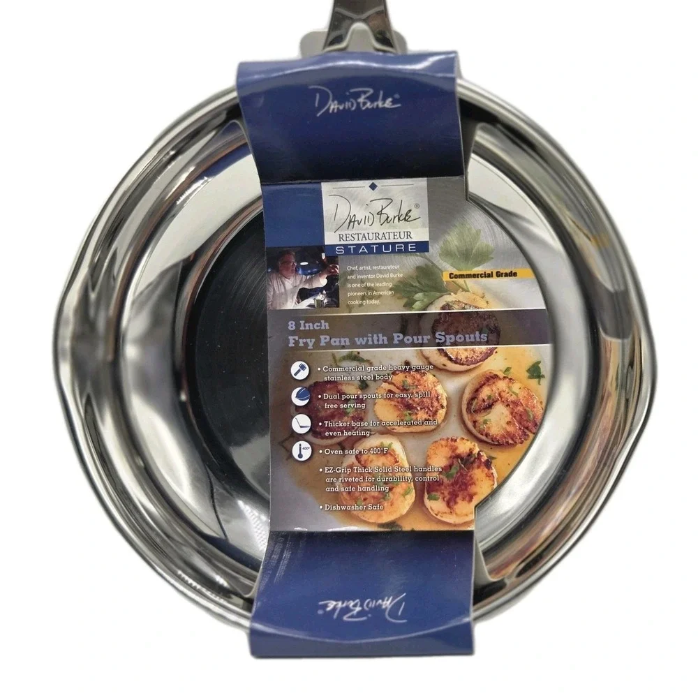 David Burke 8in Heavy Stainless Steel Frying Pan Pour Spouts Induction Cookware